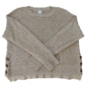 Joie Ribbed Oversized Crew Neck Sweater with Button detail, Oatmeal color, Large